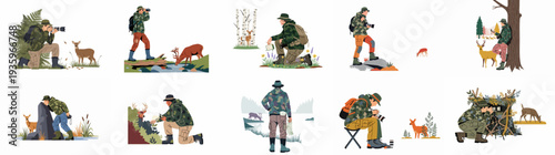 Wildlife Observation and Photography: Men capturing deer in their natural forest habitat, using professional gear for outdoor adventure and nature study.