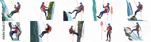 Dynamic illustrations of men canyoning and rappelling down waterfalls and cliffs, showcasing adventure sports, outdoor recreation, and thrill-seeking activities.