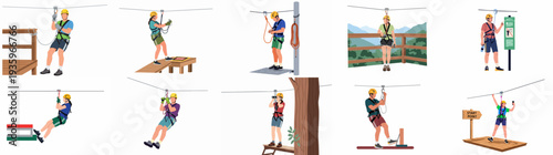 Flat vector illustrations of people enjoying ziplining adventures, showing preparation, safety, and thrilling outdoor recreation.