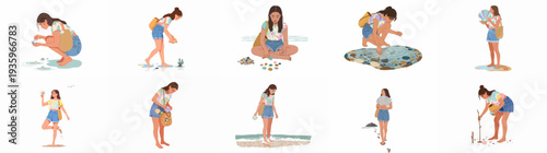 Young woman enjoying beach activities, collecting shells and pebbles, interacting with sand and water in various serene summer scenes.