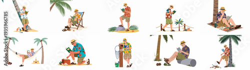 Elderly man enjoying a peaceful tropical beach vacation, reading books in various relaxing poses.