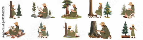 Woman in straw hat sketching nature in a serene forest, capturing the beauty of pine trees and woodland elements, enjoying outdoor artistic expression.