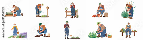 Senior man engaged in various gardening activities: planting, watering, pruning, harvesting, and flower arranging, embodying a fulfilling hobby and sustainable lifestyle.