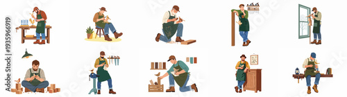 Skilled craftsmen carve intricate wooden bird sculptures, showcasing dedication and traditional woodworking artistry in various workshop settings.