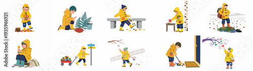 Children enjoying various outdoor autumn activities, playing with colorful fallen leaves, collecting nature's treasures, and exploring the seasonal beauty in rain gear.