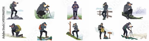 Outdoor Photographers Collection: Vector Illustrations of People Capturing Nature's Beauty in Diverse Settings.