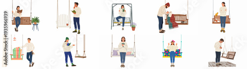 People enjoying leisure time, reading and relaxing on swings, depicting cozy autumn or spring moments at home or outdoors.