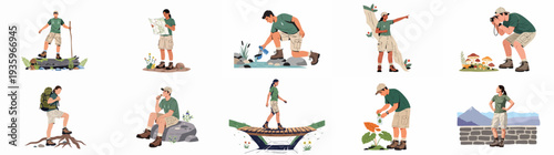 Illustrations of diverse people enjoying hiking, nature exploration, and various outdoor activities in the wilderness.