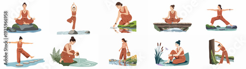 Serene woman finds peace in nature, meditating and practicing yoga amidst tranquil water scenes, embracing wellness and mindfulness.