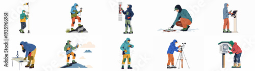 Meteorology and Weather Observation: People Measuring Environmental Data with Scientific Instruments in Various Conditions