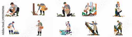 Illustrations of people foraging for wild mushrooms, depicting various scenes of collecting fungi in natural environments like forests, by rivers, and near trees.