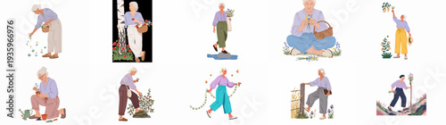 Active senior women enjoying nature, gardening, and floral hobbies outdoors, embracing a healthy and peaceful lifestyle.