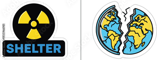 Two apocalyptic vector stickers: a yellow radiation symbol on a black base with "SHELTER" in blue, and a cracked, breaking Earth globe icon in blue and yellow.