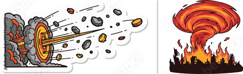 High-energy vector set showing a powerful projectile impact with flying debris and a massive fire tornado towering over a burning city skyline silhouette.