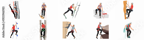 Modern vector illustrations depicting climbers engaged in various rock climbing and bouldering activities with essential safety gear on different walls.