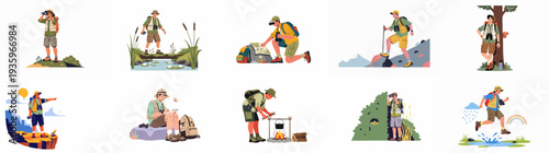 Diverse outdoor adventure illustrations: hikers exploring nature, birdwatching, camping, and trekking in varied landscapes.