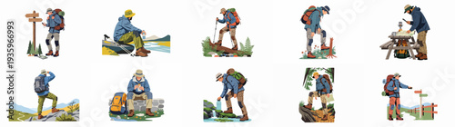 A vibrant collection of illustrations depicting a male hiker engaged in various outdoor adventures, including navigating, resting, and exploring diverse natural landscapes.