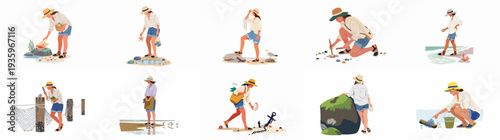 Woman enjoys various seaside activities, exploring beaches, collecting unique shells, observing marine life, and discovering coastal treasures during a relaxing summer vacation.