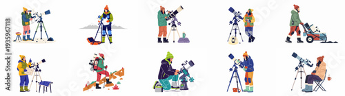 Illustrations of diverse individuals engaged in winter astronomy and outdoor observation, using telescopes and scientific equipment for stargazing and celestial exploration in cold environments.