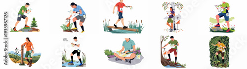 Diverse individuals engaged in orienteering through varied natural landscapes, navigating challenges with maps and compasses in an outdoor adventure setting.