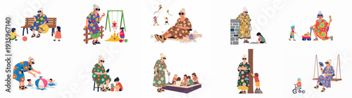 Grandmother and grandchildren enjoying diverse playful outdoor activities together