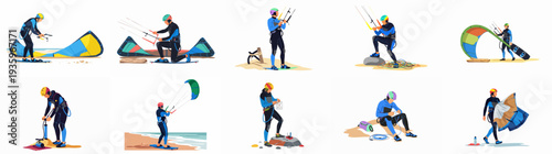 A comprehensive vector illustration set depicting various stages of kitesurfing preparation and activity, featuring athletes with their gear on beaches and shores.