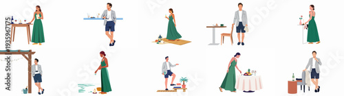 Elegant resort lifestyle illustrations: A collection of diverse characters enjoying various leisure activities, dining, and drinks in stylish, relaxed settings.