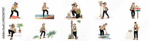 Various scenes of a male photographer with camera and vest, shooting nature, beach, and wedding moments in diverse outdoor settings.