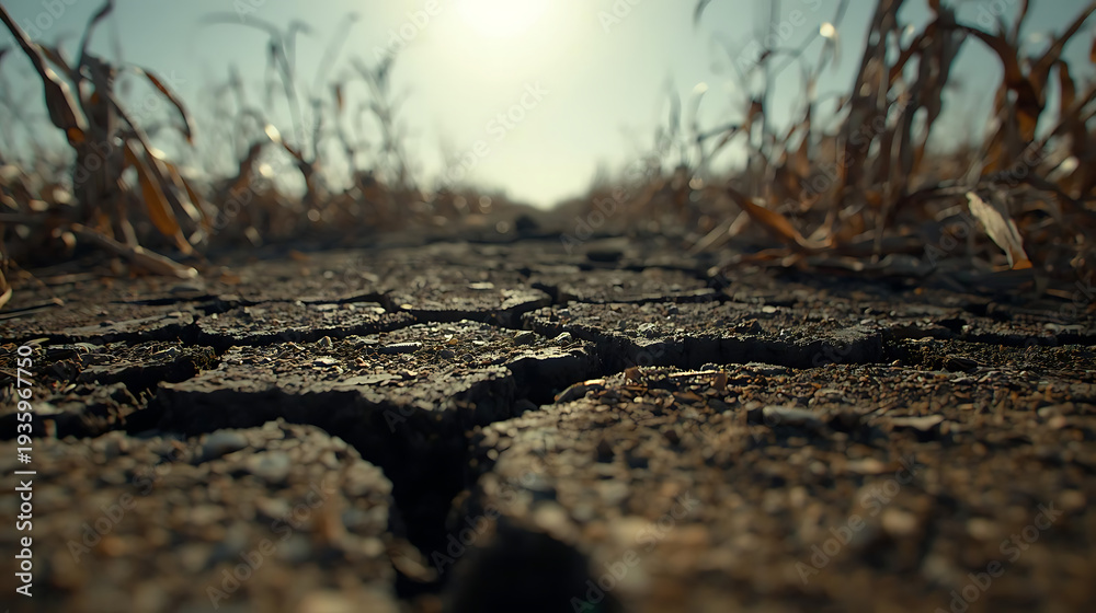 Fototapeta premium Dry cracked earth with withered plants under sunny sky