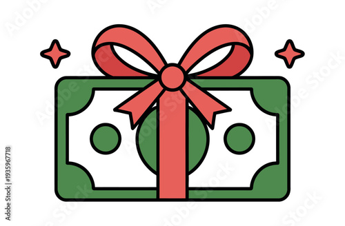 A cartoon illustration of a green gift card with a red bow and stars on a white background