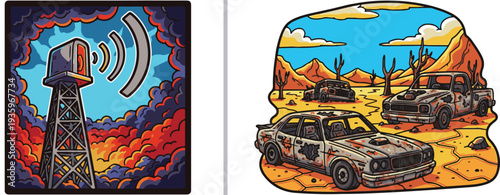 Vibrant vector art of a radio tower broadcasting signals through fiery storm clouds, alongside a desolate desert wasteland filled with rusted, abandoned cars and cacti.