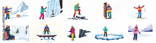 Collection of people enjoying winter outdoor activities like hiking, skiing, and ice exploration in diverse snowy landscapes, showcasing adventure and nature travel.