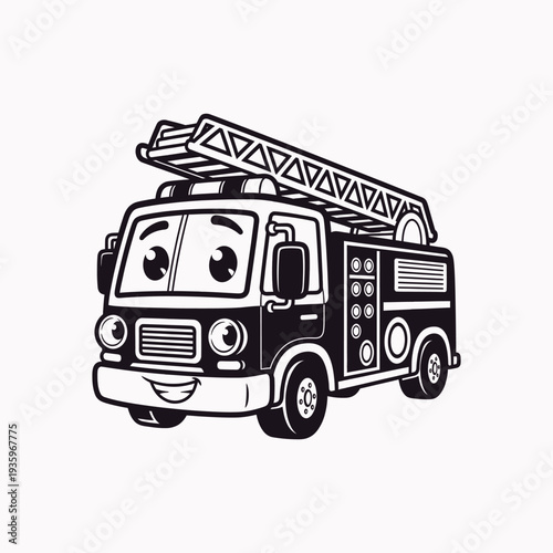 Cartoon fire truck with smiling face and ladder.