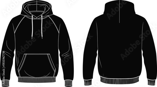 Hoodie sweatshirt front and back view, blank hooded jacket template, casual streetwear apparel mockup, clothing design illustration