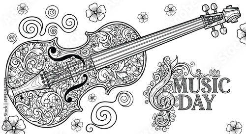 Vector illustration of electric guitar with floral patterns and Music Day text