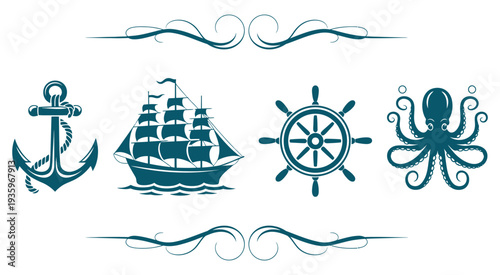 Nautical icon set, anchor, ship wheel, octopus, marine symbols, blue vector icons, maritime illustration, sea graphic collection