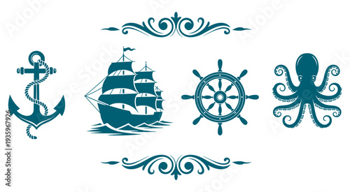 Nautical icon set, anchor, ship wheel, octopus, marine vector symbols, blue collection, sea icons, maritime illustration set