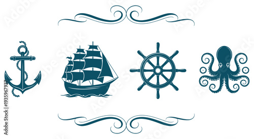 Nautical icon set, anchor, ship wheel, octopus, marine symbols, blue vector collection, sea icons, maritime graphic elements