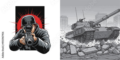 Two gritty combat illustrations: a soldier in a helmet aiming a rifle directly forward against a red burst, and a heavy grey tank crushing through urban rubble in a destroyed city.