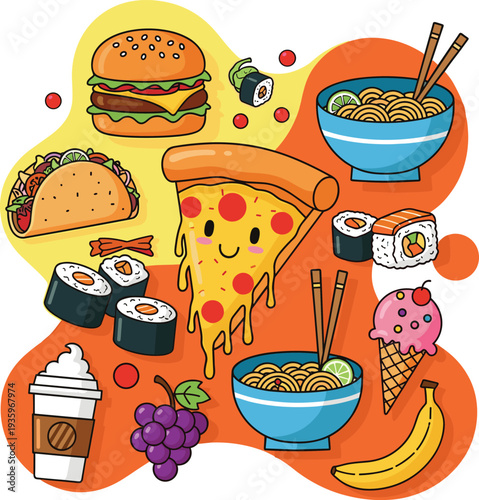 Cartoon Food Doodles Vector including Sushi, Burger, Taco, and Ice Cream