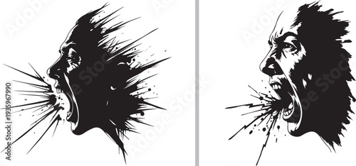 Two visceral black-and-white vector illustrations showing stylized human profiles screaming or coughing, with ink-splatter and shard-like bursts erupting from their mouths.