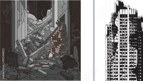 Grim vector illustrations of urban destruction: one showing a detailed alleyway choked with brick and concrete rubble, the other a black and white silhouette of a crumbling, hollowed-out skyscraper.