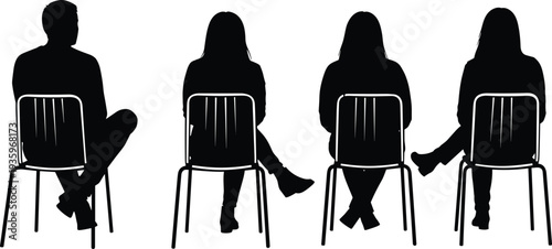 People sitting on chairs silhouettes, audience or interview waiting concept, men and women seated posture illustration set