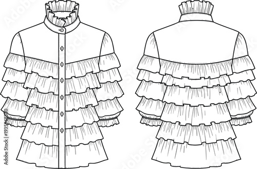 Victorian style ruffle blouse front and back view, vintage women fashion garment illustration, historical clothing design outline