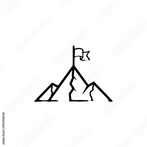 Simple black and white mountain peak with a flag on top.