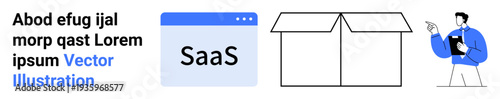 Software development, logistics, professional services, online platforms, SaaS, packaging. A SaaS interface, open delivery box and professional figure holding a clipboard. Software development