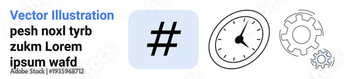 metadata tag inside a square, analog clock, and gear icons combine to express time, teamwork, innovation, and digital trends. Ideal for collaboration, tech solutions, workflow time management
