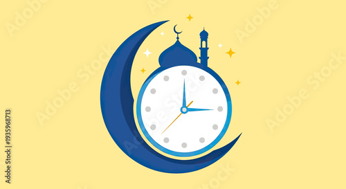 Ramadan time concept: Clock with crescent moon and mosque on yellow background