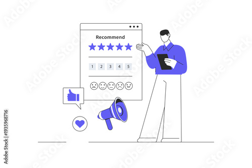 Feedback page concept. Man giving review and filling webpage form with client experience. Flat Cartoon Vector Illustration, icon Stylish abstract design landing page web