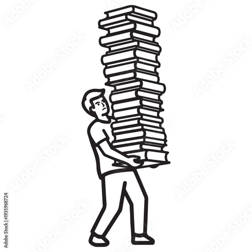 Young student carrying a massive stack of books representing academic pressure and information overload in a minimalist black and white line art illustration on a white background.